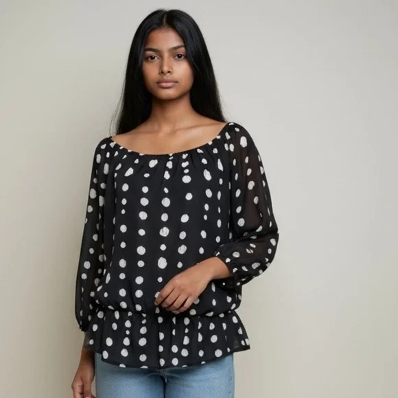 Vince Camuto  blouse large. Black with white polka dots. Elastic drop waist - Picture 2 of 11